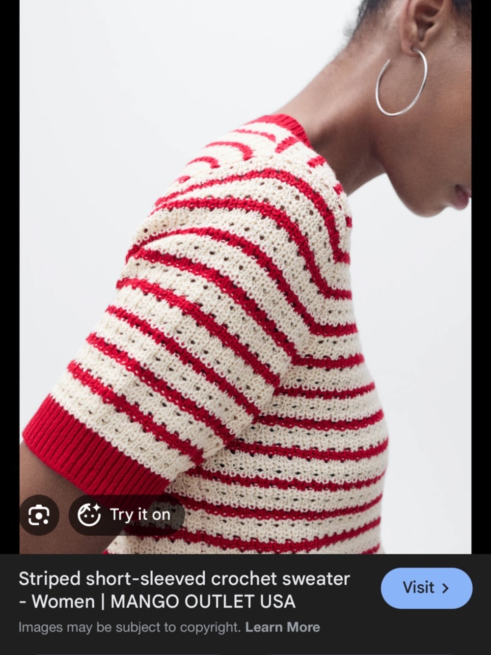 Mango Striped short-sleeved crochet sweater